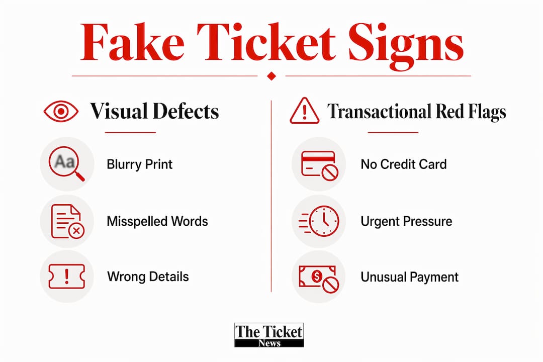 Infographic comparing visual and transactional fake ticket signs