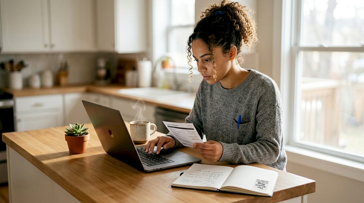 Woman using promo code on laptop at home