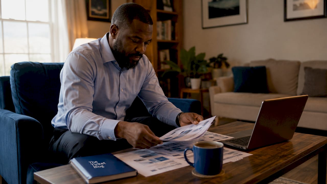 Man organizing theater promo code papers