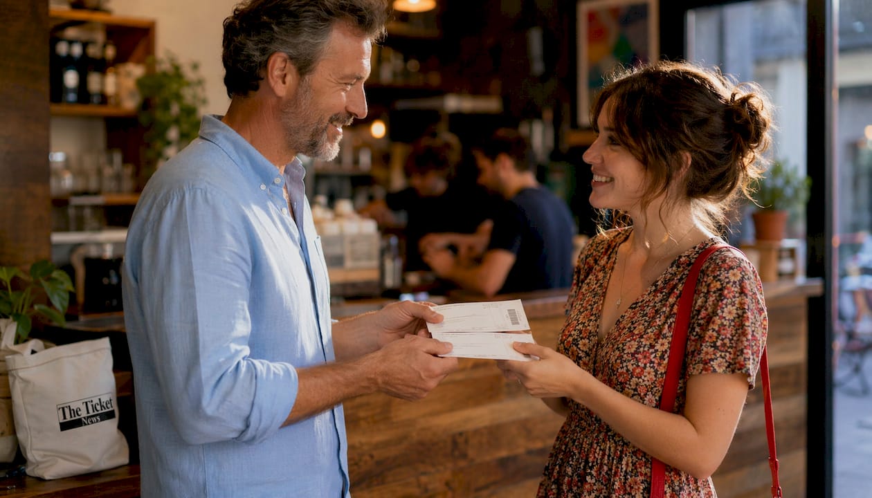 Hands exchanging event tickets outdoors