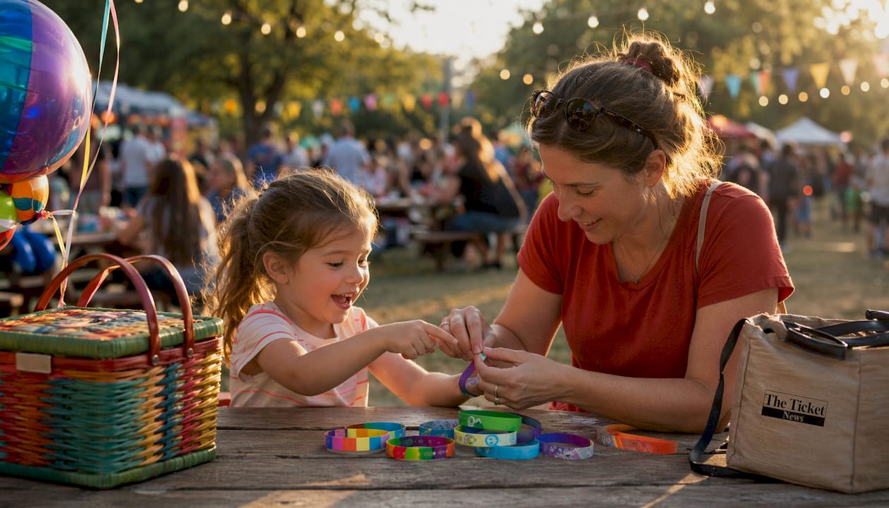 Hands arranging colorful festival wristbands outdoors