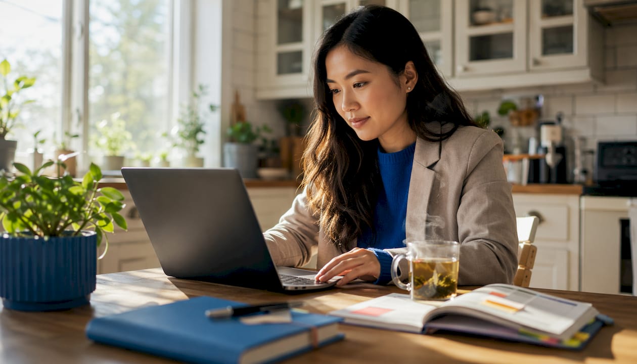 Woman browsing flexible flight tickets at café