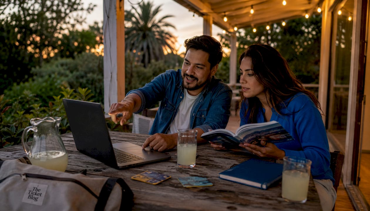 Couple discussing flexible ticket purchase tips at home