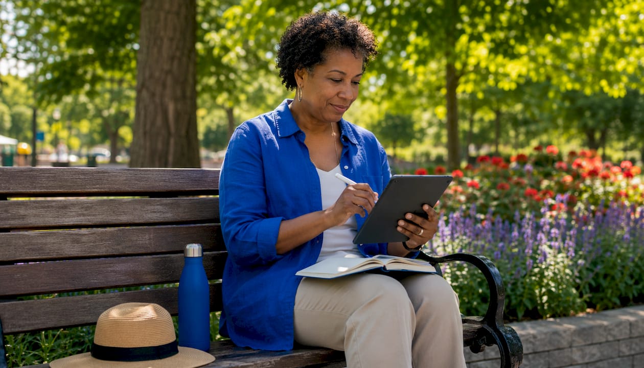 Woman using tablet to browse ticket promotions in café