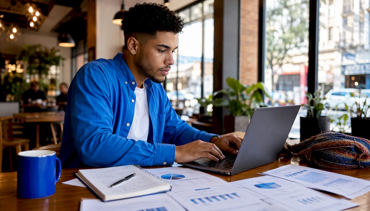 Affiliate marketer working on laptop with printed charts