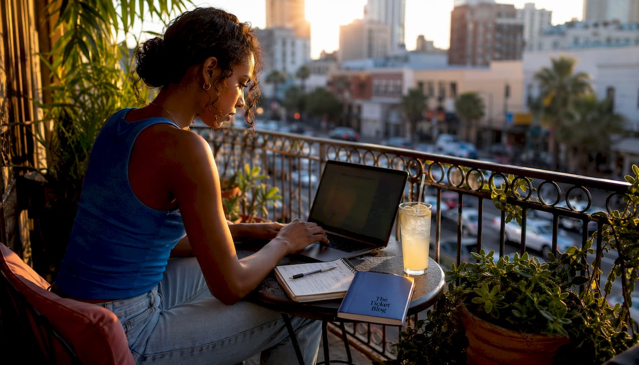 Woman purchasing tickets online at home