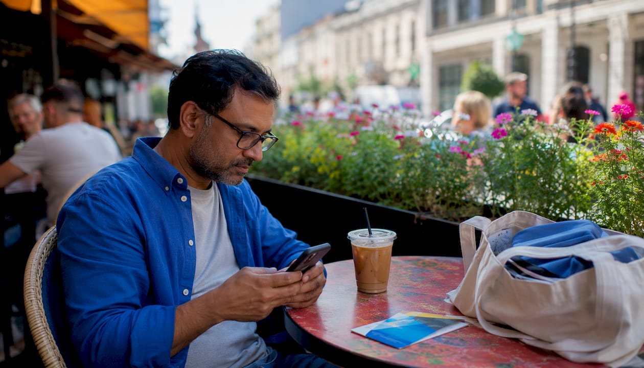 Hands verifying ticket source on smartphone