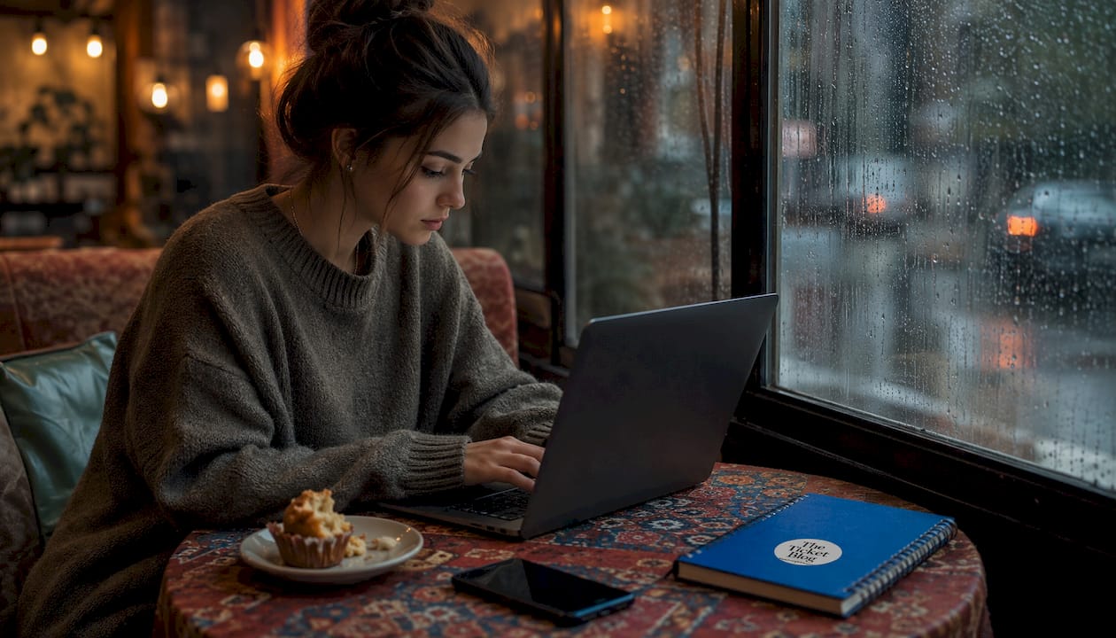 Woman browsing ticket resale sites at kitchen table