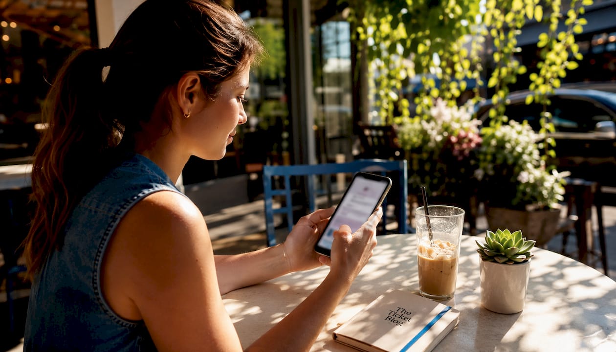 Woman browsing concert ticket tiers on smartphone