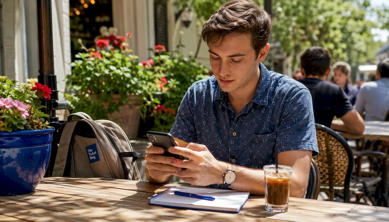 Hands scrolling ticket price alerts on phone in café