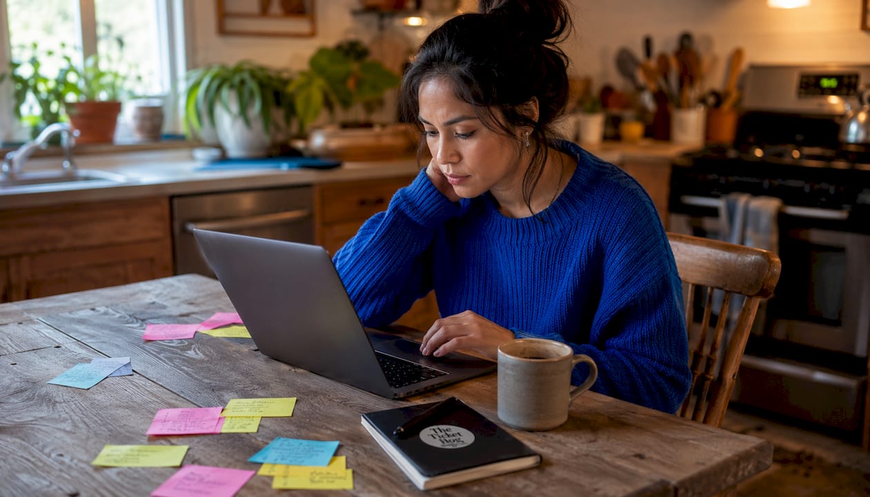 Woman browsing ticket discounts at home desk