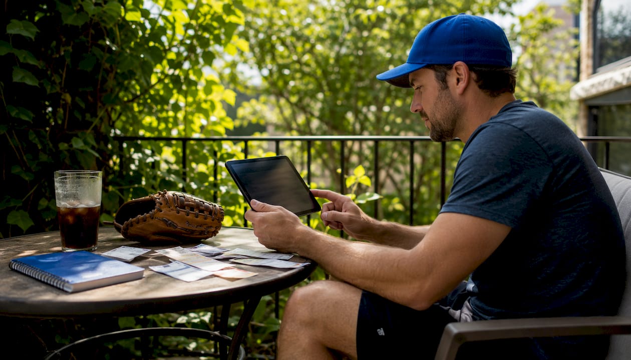 Man planning ballpark ticket purchases at kitchen table