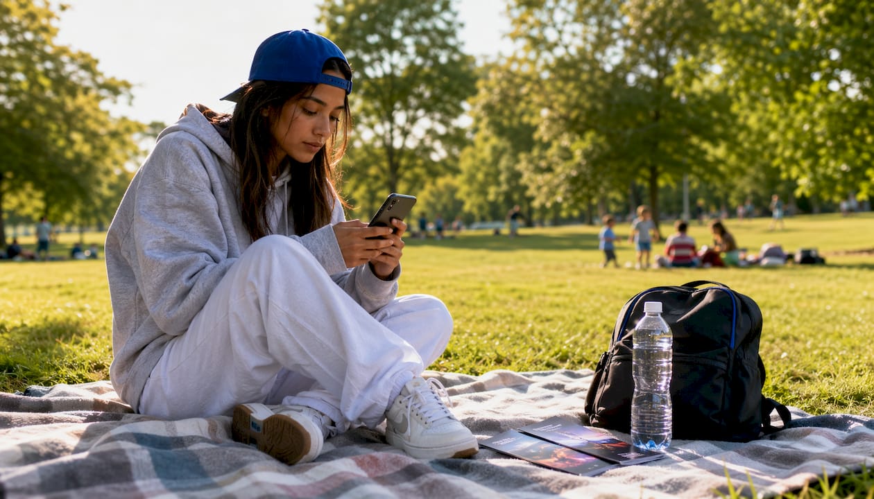 Woman outdoors checking ticket deals on smartphone