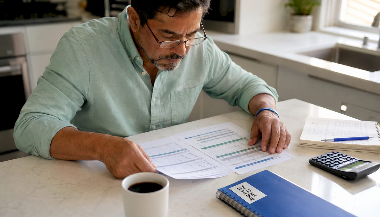 Man reviewing ticket prices on printed sheets