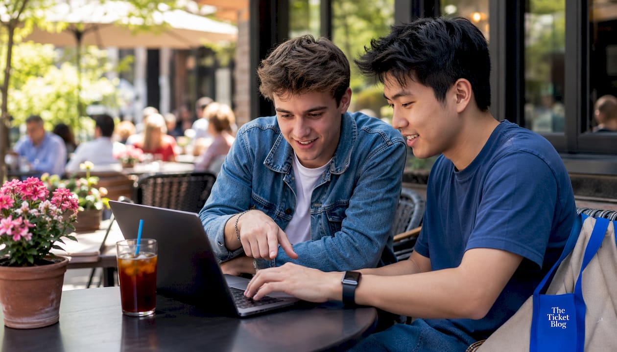 Hands comparing concert tickets on laptop