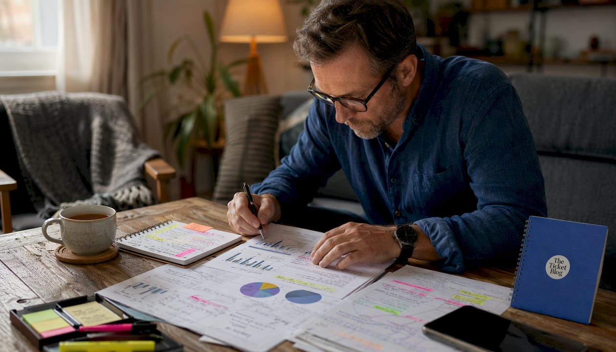 Man analyzing ticket price charts at desk