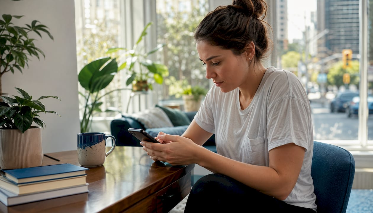 Woman browsing concert tickets at desk