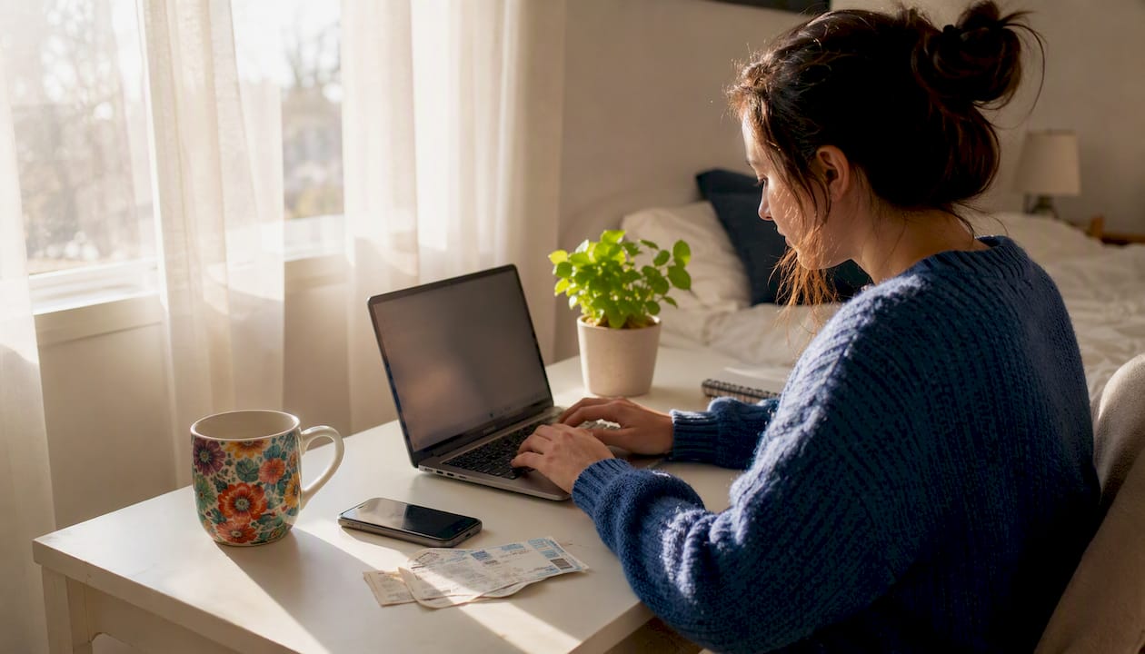 Woman securing concert tickets online at home desk