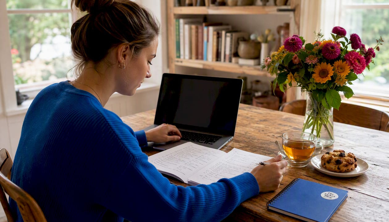 Hands typing next to presale checklist in café