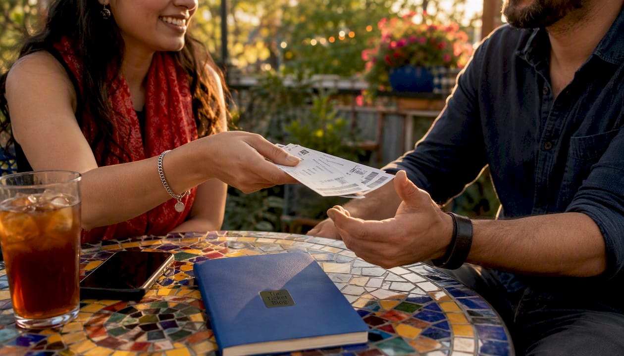 Hands exchanging tickets at café table