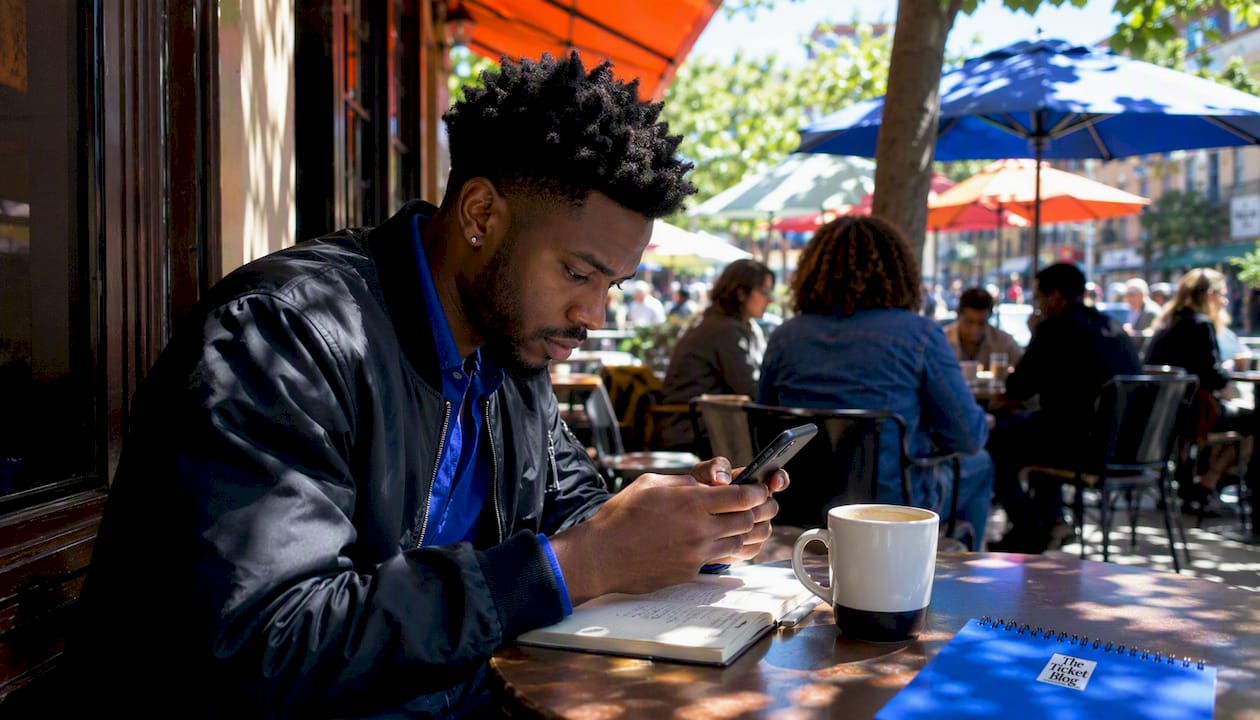 Hands scrolling VIP price alert on smartphone in café