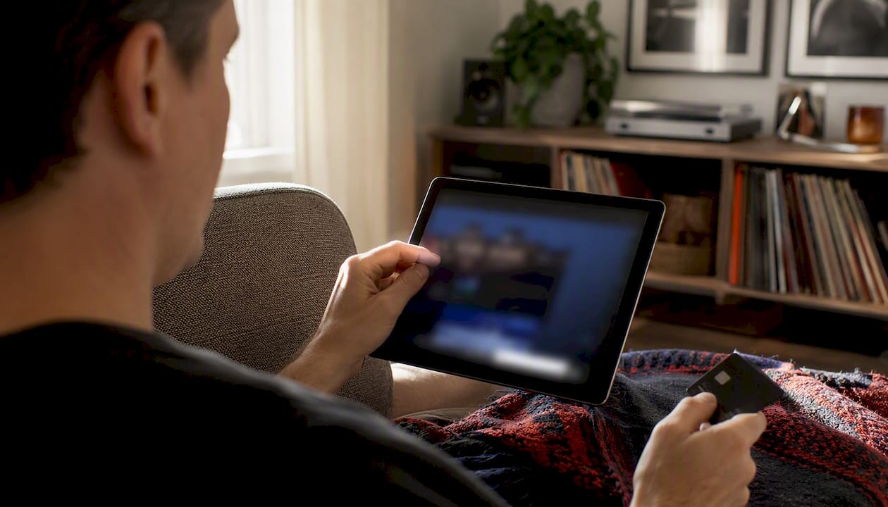 Hands holding tablet and credit card for ticket purchase