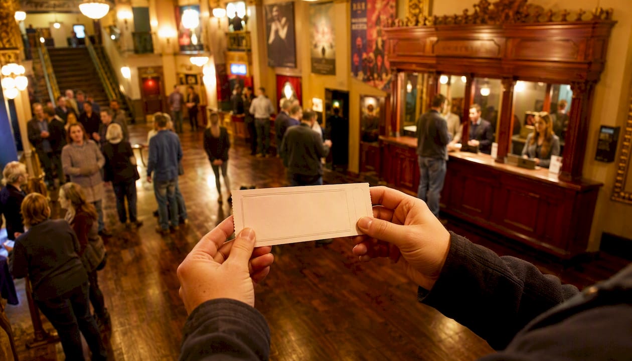 Hands exchanging theater preview ticket