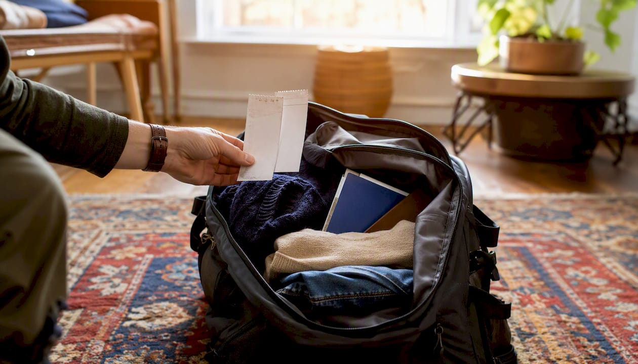Theater tickets beside travel bag packing
