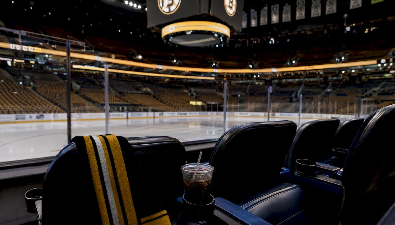 Wide view of TD Garden seating and ice rink