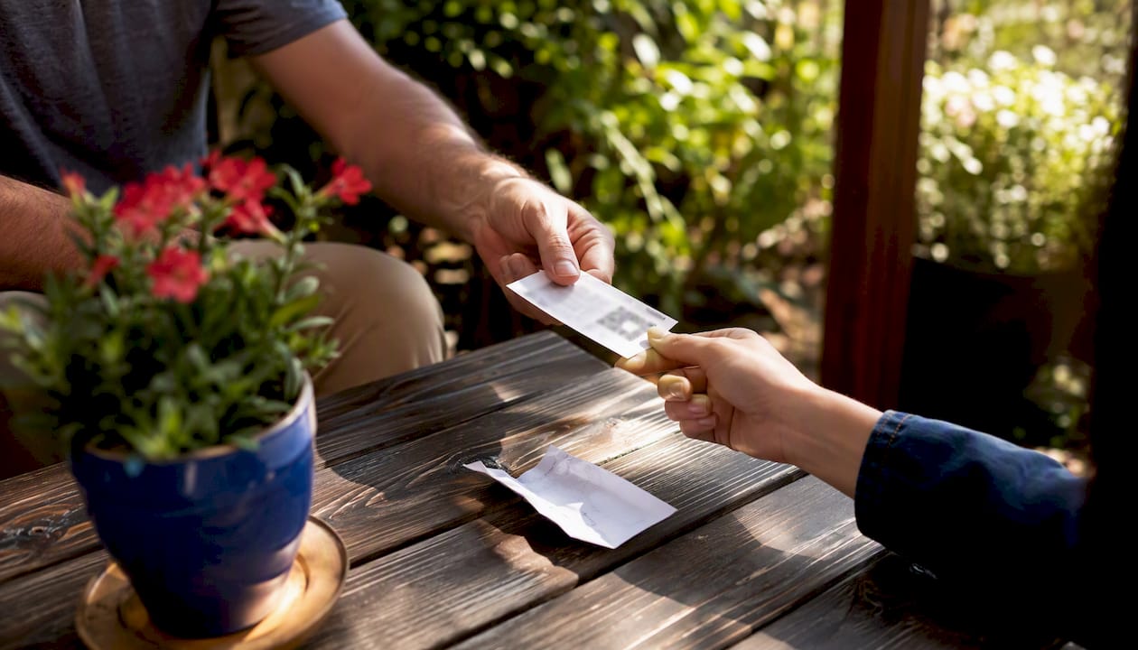 Hands exchanging event ticket and phone