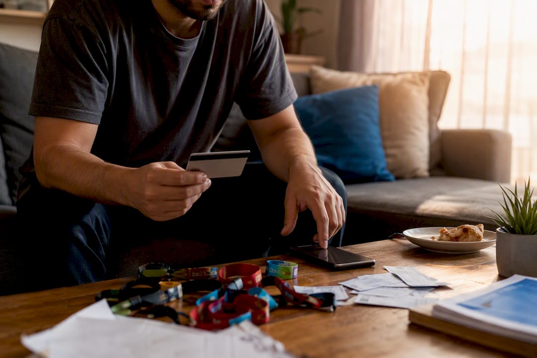 Person holding credit card near laptop and phone