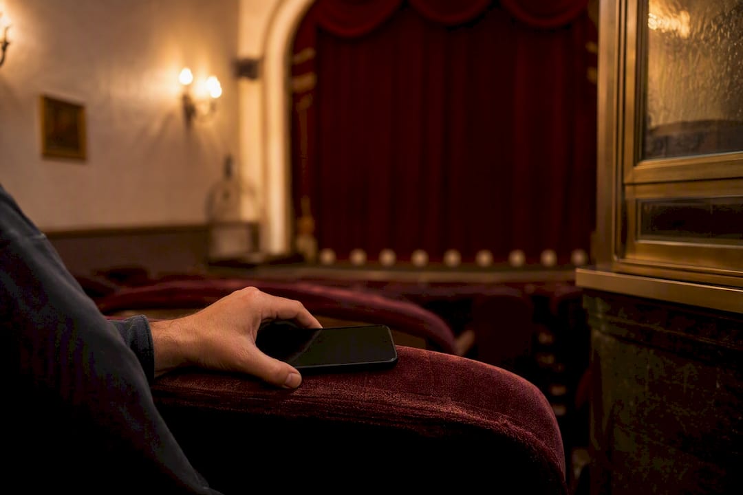 Hand holding phone over theater seat armrest