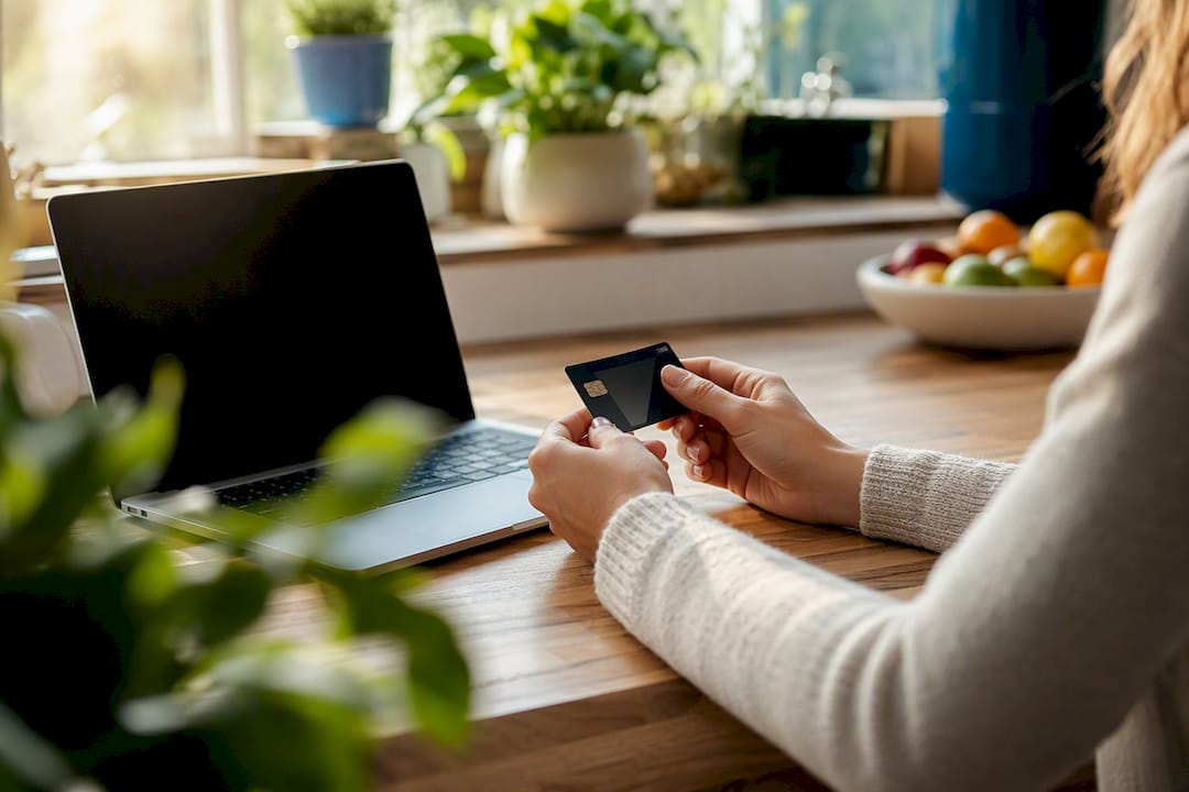 Hands holding credit card near laptop keyboard
