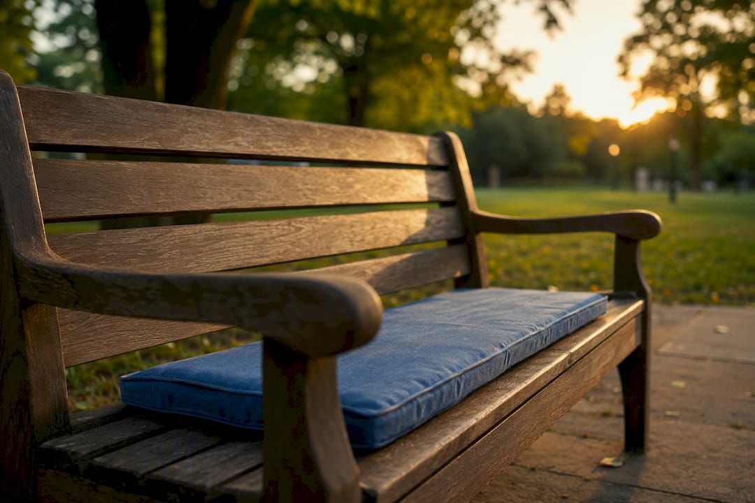 Wooden bench with $1 cushion rental