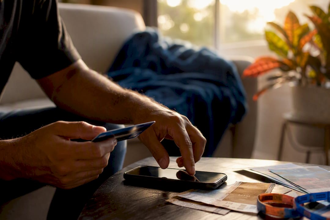 Hands holding Amex card and smartphone ready to tap