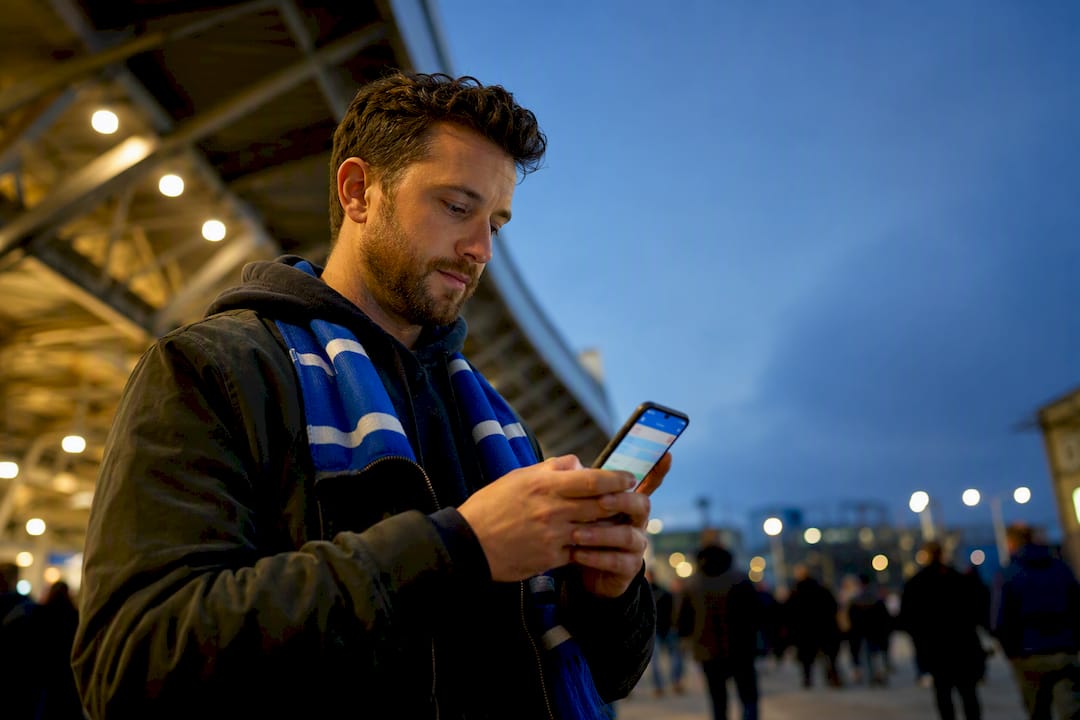 Fan comparing sports ticket offers outside stadium