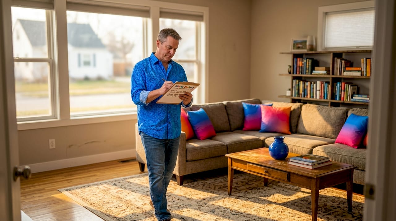 Homeowner assessing interior for repairs