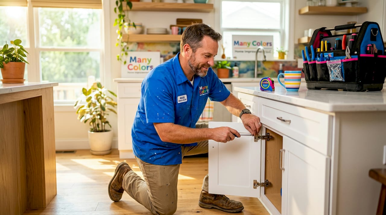 Technician repairing kitchen cabinet hinge
