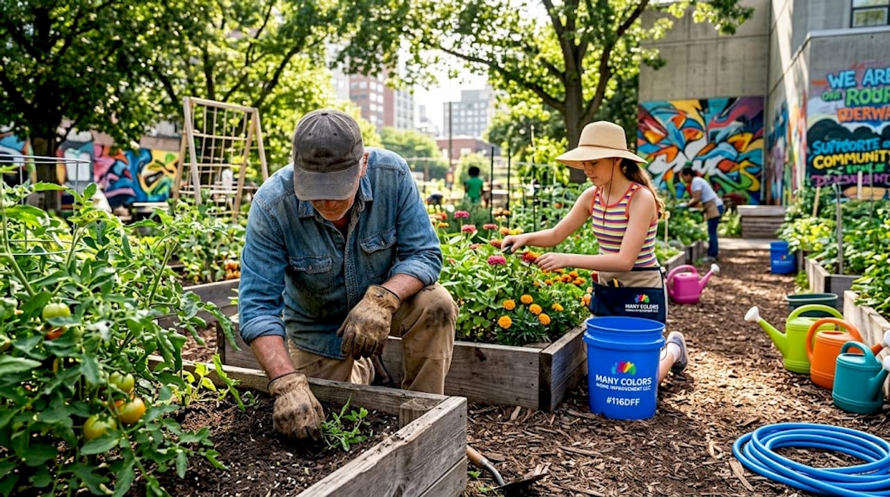 Neighbors work together in urban community garden