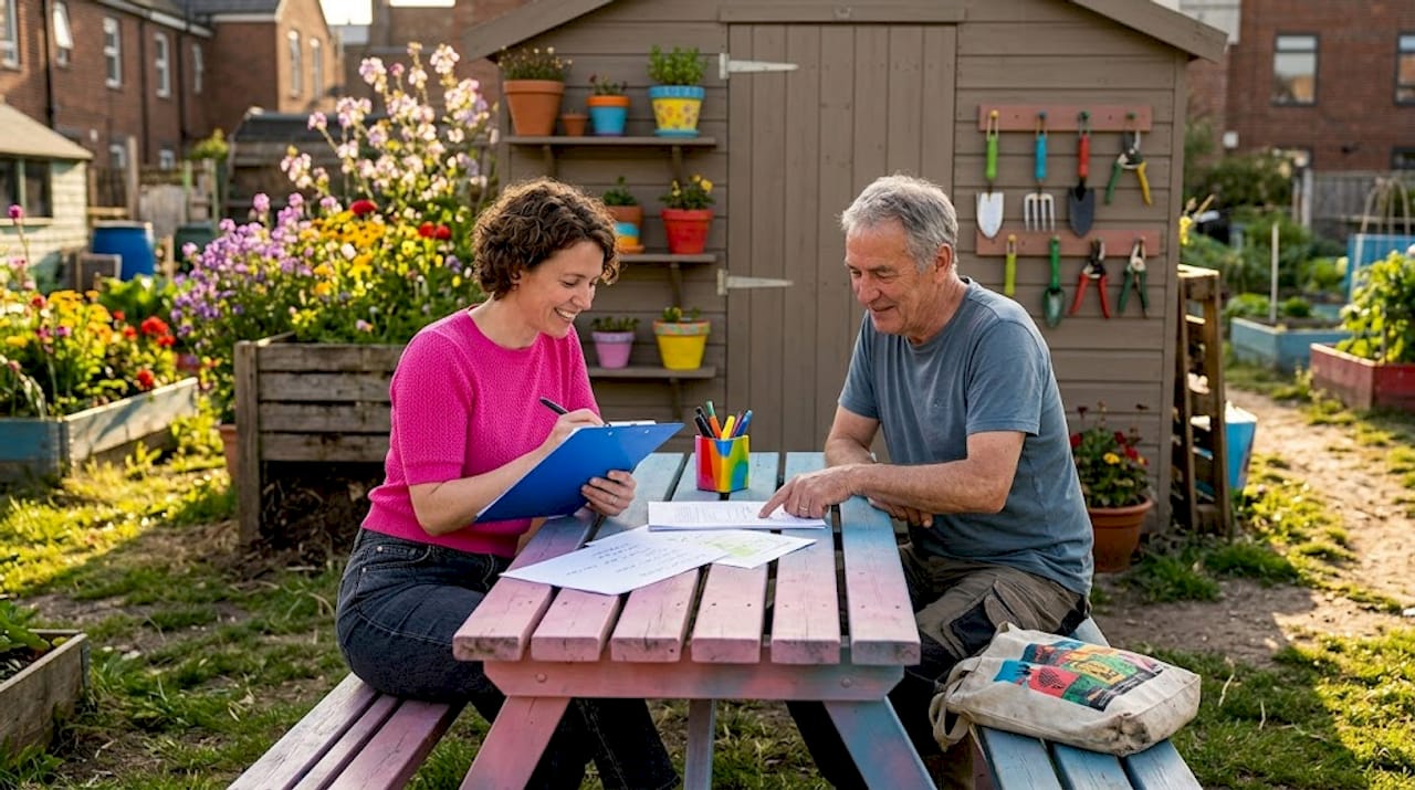 Neighbors discuss home improvement plans at backyard table