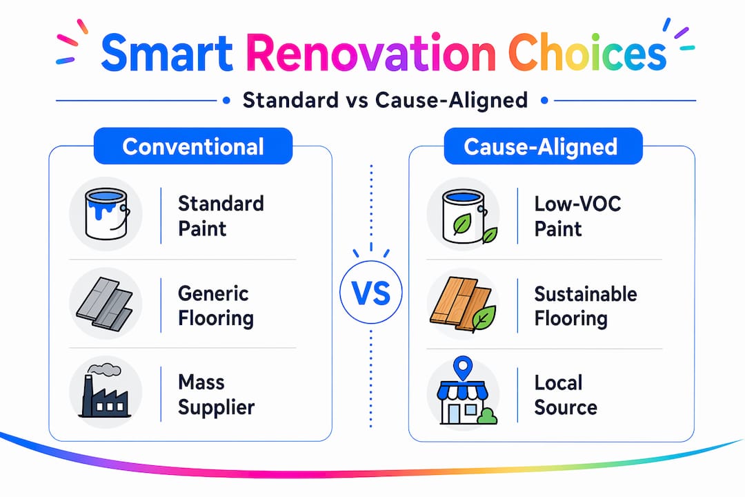 Infographic comparing conventional and cause-aligned renovation choices