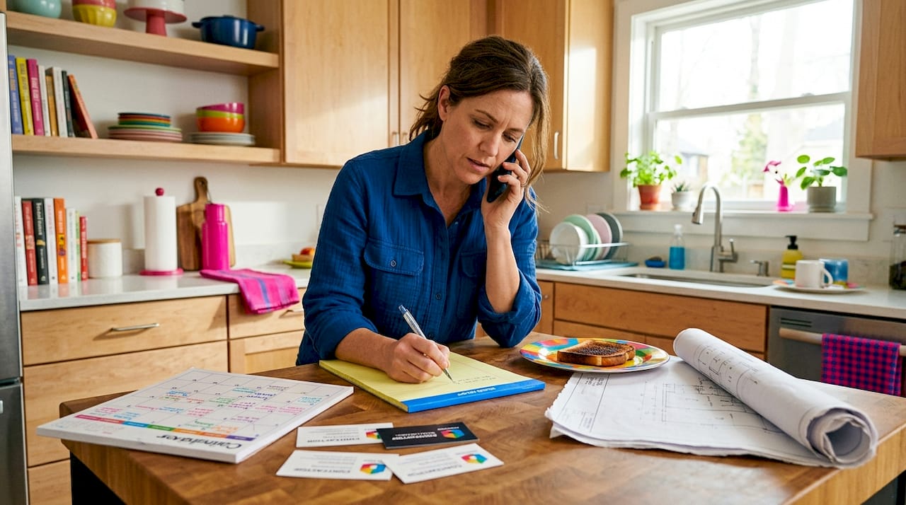 Homeowner calling contractors with kitchen notes