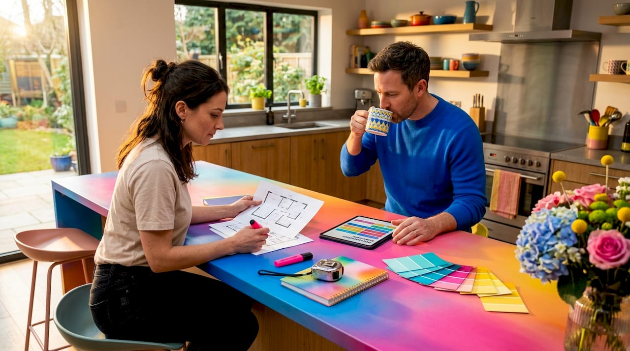 Couple planning renovation at cluttered table