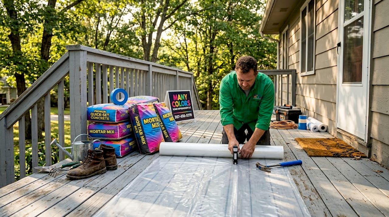 Contractor protecting home porch with plastic sheeting