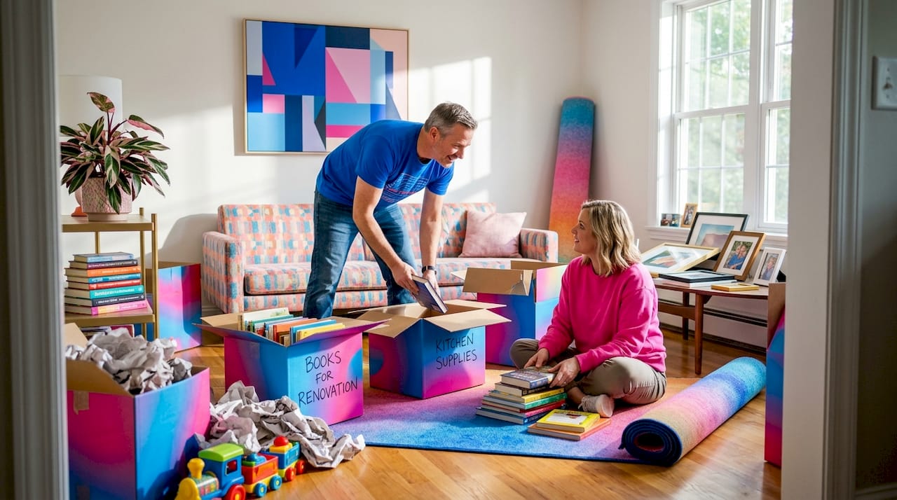 Couple packing living room for renovation work