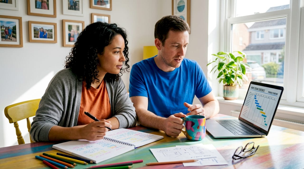 Homeowners planning repair timeline at kitchen table