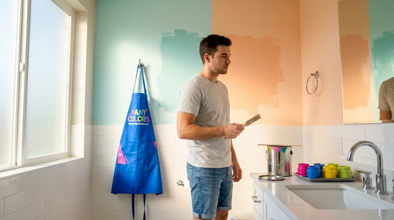 Man comparing painted wall panels in bright kitchen