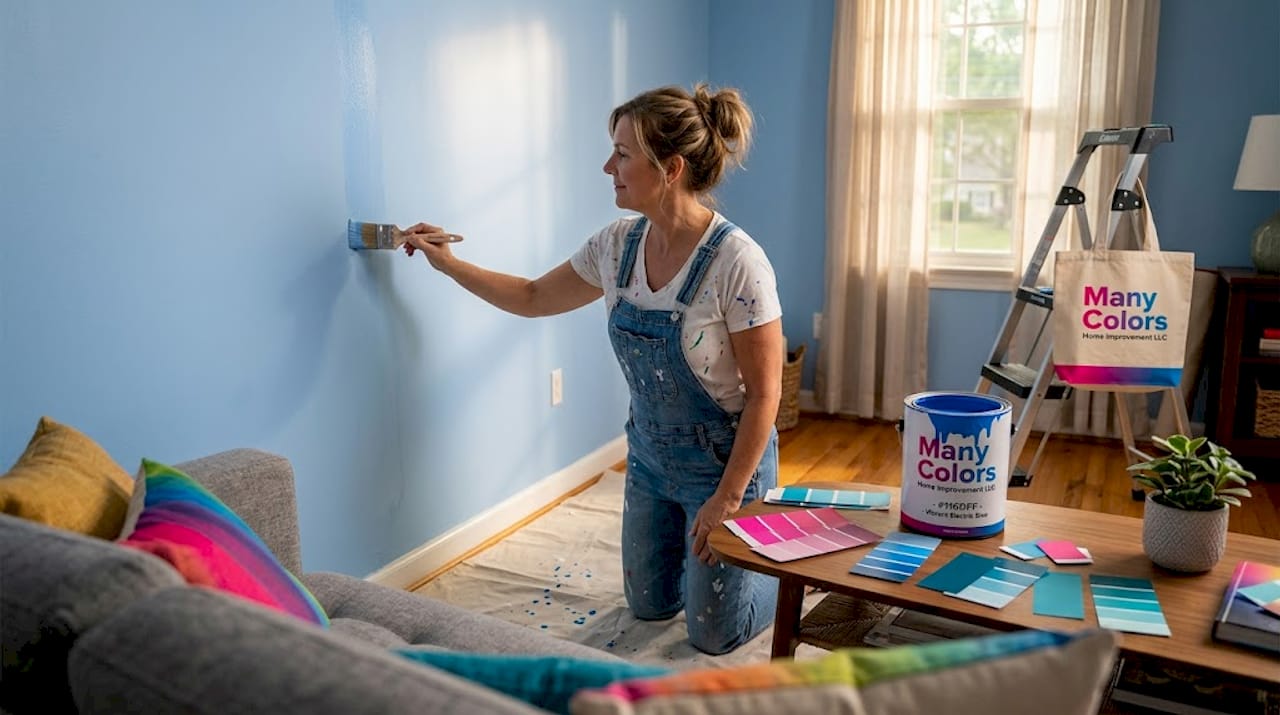 Woman painting living room wall soft blue