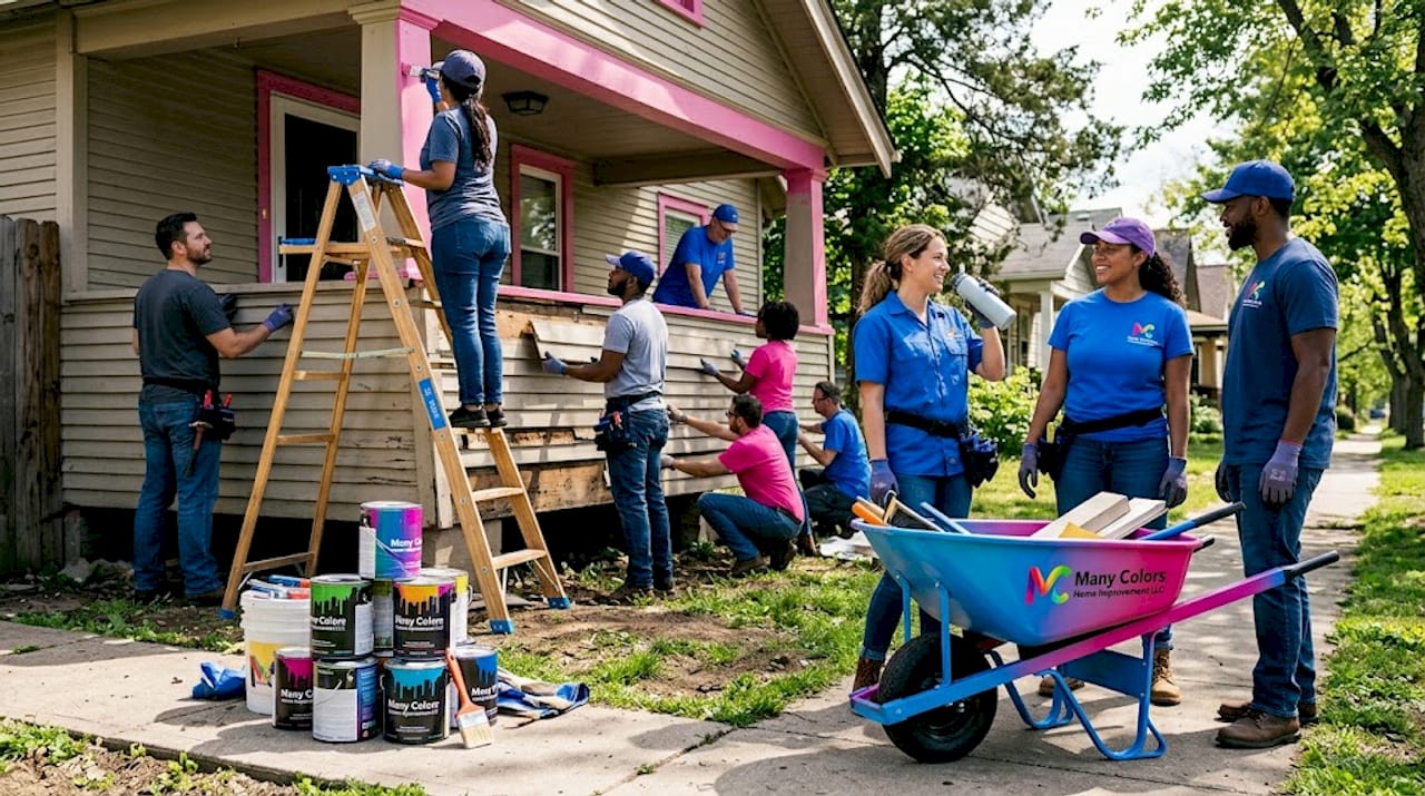 Neighbors working together on home repairs