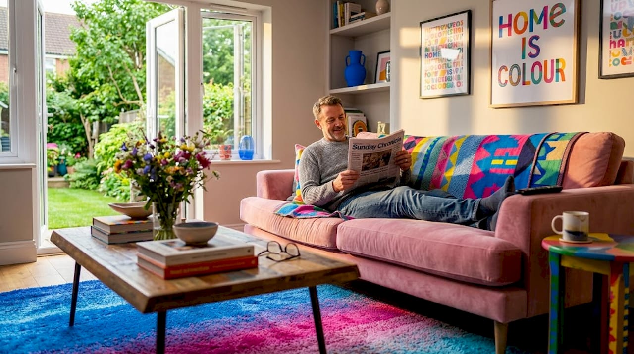 Comfortable living room with upgraded windows and furnishings
